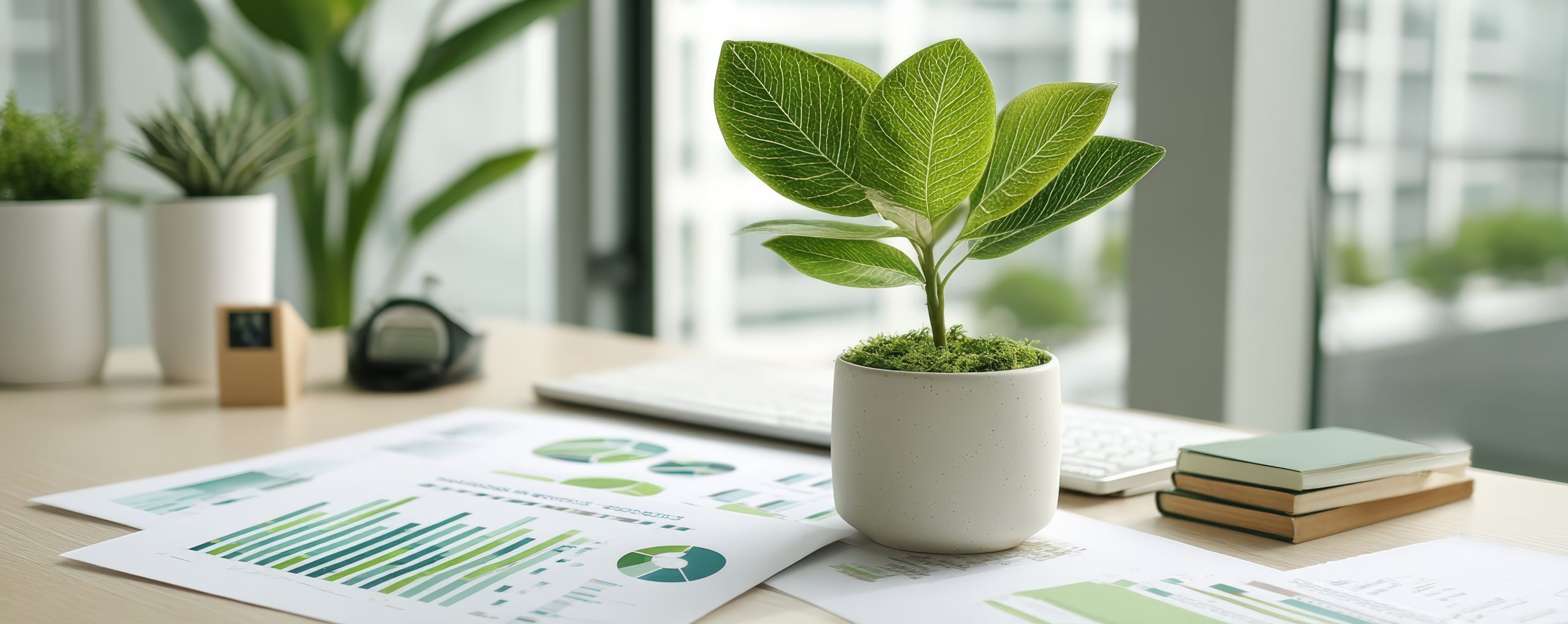 Small potted plant on a desk surrounded by business charts and notebooks in a bright office setting.